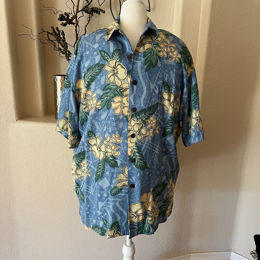 Aloha Hut Men's Large Hawaiian Shirt Blue and Yellow Print made in HI EUC